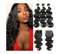 Extensión del cabello Brasil for el cabello ola del cuerpo 3 paquetes con cierre sin procesar el tejido del cabello humano con el cierre 4x4 Color natural Remy Extensiones Haz de olas(14 16 18 with 12
