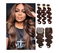 Extensión del cabello Paquetes de ola de cuerpo marrón con cierre de tejido de cabello humano brasileño #4 extensiones Remy 3/4 paquetes con t Parte 4 × 4 Cierre de encaje Haz de olas(22 22 24 24+clos