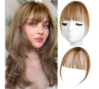 Extensiones de cabello 100% humano con flequillo francés para mujer, extensiones de pelo sintético con aros (marrón claro)