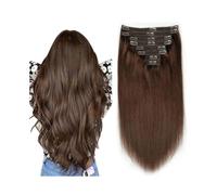 Extensiones de cabello #4 Extensiones de cabello marrón chocolate con clip, cabello humano real, grueso, sedoso, liso, 8 piezas, clip de trama doble, extensión de cabello Remy brasileño for mujeres Ca