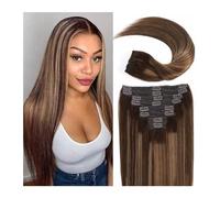 extensiones de cabello Balayage Marrón Chocolate y Rubio Caramelo con Raíces Marrones Extensiones de Cabello con Clip de 40,6 a 60,9 cm, Cabello Humano, Sedoso, Recto, Doble Trama, Clip de Encaje en C