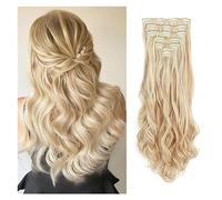 Extensiones de cabello Clip en extensiones de cabello largo ondulado 7 PCS invisible Postizos gruesos Pieza rubio dorado Fibra sintética cabeza completa suave for mujeres, 22 pulgadas