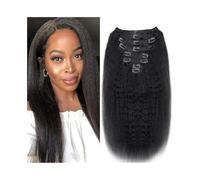 Extensiones de cabello con clip Extensiones de cabello con clip recto y rizado for mujeres negras Cabello humano real Negro natural 8 piezas 120 g Extensiones con clip recto Yaki de cabeza completa Ex