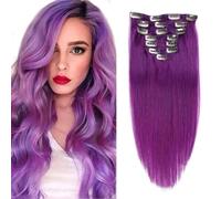 Extensiones de cabello con clip para mujeres, extensiones gruesas de cabello humano real desde la raíz hasta la punta, clip de cabello natural de siete piezas, #Lila púrpura,24inch (60cm)