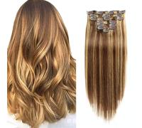 Extensiones de cabello con clip para mujeres, extensiones gruesas de cabello humano real desde la raíz hasta la punta, clips de cabello natural, color piano # 4/27,24inch (60cm)