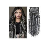 Extensiones de cabello con clip para uso diario, 6 unidades, ondulado largo, ondulado, sintético, para mujer, 56 cm (mezcla de blanco y negro)