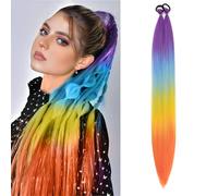Extensiones de cabello con cola de caballo ombré S-noilite con lazo para mujer, postizo para uso diario, fiesta, disfraz, trenzado DIY, 66 cm, 2 pcs Ponytail,Morado a azul a amarillo a naranja