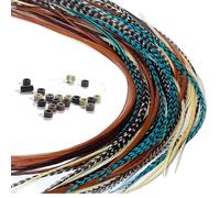 Extensiones de cabello con plumas: 20 plumas de gallo reales, largas y delgadas, de 8 a 11 pulgadas. Incluye 20 cuentas y un kit de herramientas