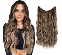 Extensiones de cabello de alambre invisible con alambre transparente, tamaño ajustable con 2 clips de seguridad, pieza de pelo sintético, larga ondulada, diadema secreta, 50,8 cm, color castaño