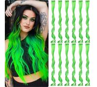 Extensiones de cabello de colores Fanguilar, 12 unidades, 20 pulgadas, verde claro, con clip, arco ris, un color, para fiestas, postizo sint tico
