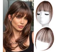 Extensiones de cabello humano 100% humano con flequillo francés para mujer, extensiones de pelo sintético con aros (marrón oscuro)