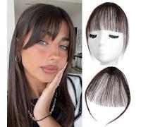 Extensiones de cabello humano 100% humano con flequillo francés para mujer, extensiones de pelo sintético con aros (marrón negro)