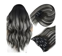 Extensiones de cabello humano con clip de uso diario, 7 piezas, negro, balayage, negro natural, ombré, rubio gris, cabello Remy, 120 g/set (40,6 cm)
