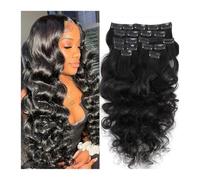 Extensiones de cabello humano con ondas naturales y clip, cabello humano virgen Remy negro natural, doble trama for mujer, 8 piezas/juego Wear and Go(14inch)