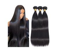 Extensiones de cabello humano liso, negro natural, doble trama, 1/3/4 piezas, brasileño, Remy, for mujeres negras(26 26 26 26)