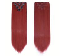 Extensiones de cabello humano real con clip, 8 unidades, liso, invisible, natural, suave, Remy, color rojo, for mujeres. Rápidas de usar(8 inch)