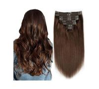 Extensiones de cabello humano real con clip de 25 a 66 cm, liso, Remy, color marrón chocolate for mujer. Wear and Go(18inches)