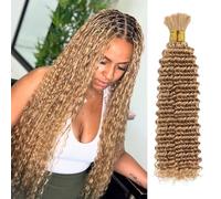 Extensiones de cabello humano, trenzas bohemias, color rubio miel, sin trama, 2 paquetes de 100 g, extensiones de cabello humano ondulado profundo, extensiones a granel para trenzar, color #27 (27