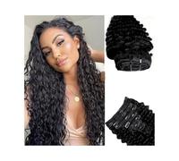 Extensiones de cabello humano virgen brasileño con ondas profundas y clip for mujeres negras, 8 unidades, Remy, con 18 clips, 120 g (25-66 cm, negro natural) Easy Installation and Removal(24inches)