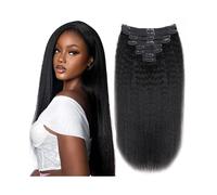 Extensiones de cabello liso y rizado con clip for mujer, 8 unidades, cabeza completa, brasileño, Remy, humano, Yaki, color negro natural, 10-26 pulgadas Easy Installation and Removal(12inches)