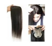 Extensiones de cabello para clips, 12,7 x 12,7 cm, cabello liso sin procesar, base de seda, 15 x 16 cm, parte central para mujeres agrega volumen al cabello (negro, 16 pulgadas_12 x 13 cm)