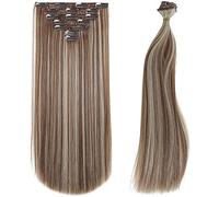 Extensiones de cabello sintético con clip, 22 pulgadas, extensiones de cabello lacio para mujer, extensiones de cabello rizado de cabeza completa, 7 piezas, 16 clips, gruesas, lacias, muy naturales
