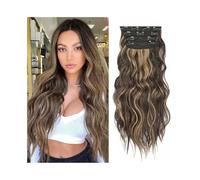 Extensiones de cabello sintético con ondas al agua de 50 cm de largo, aspecto natural, for mujer, 180 g, ondulado y rizado, con 11 clips. Wear and Go(Medium Brown+Dark Blonde)
