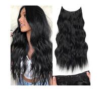 Extensiones de cabello sintético invisible con alambre transparente, 4 clips seguros, postizo secreto ondulado largo de 22 pulgadas, color negro for mujeres Easy Installation and Removal