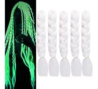 Extensiones de cabello trenzado de color blanco que brillan en la oscuridad, preestiradas, para trenzar, 61 cm, 5 unidades, para niños, niñas y mujeres, para Halloween