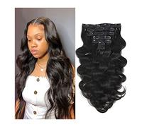 Extensiones de Clip Clip en extensiones de cabello 7PCS Clip en extensiones de cabello humano con ondas corporales con doble trama fuerte # 1b Color natural 100/120g 16 clips, fácil de usar Clip in Ex