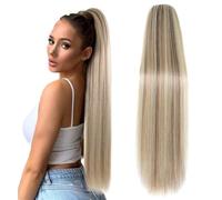 Extensiones de cola de caballo de cabello humano, Extensión de cola de caballo con cordón y clip for mujer - Postizo liso de rubio castaño dorado, Extensiones de cabello gruesas y de aspecto natu(20i