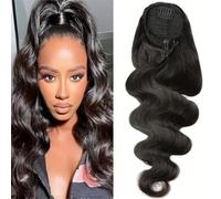 Extensiones de cola de caballo Extensiones de cola de caballo con clip y ondas corporales, 100% cabello humano Remy con trama de cordón for mujeres Extensiones de cabello(16inch)