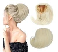 Extensiones de moño con cordón, coletero recto Hepburn para mujer, 15,24 cm, cola de caballo corta sintética con clip, postizo de pelo falso, rubio arena mezclado con rubio decolorado