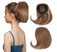 Extensiones de moño con cordón, coletero recto Hepburn para mujer, 15,24 cm, cola de caballo corta sintética con clip, postizo de pelo falso, rubio arena mezclado con rubio decolorado