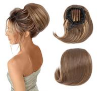 Extensiones de moño con cordón, coletero recto Hepburn para mujer, 15,24 cm, cola de caballo corta sintética con clip, postizo de pelo falso, rubio arena mezclado con rubio decolorado