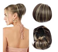 Extensiones de moño con cordón, coletero recto Hepburn para mujer, 15,24 cm, cola de caballo corta sintética con clip, postizo de pelo falso, rubio arena mezclado con rubio decolorado