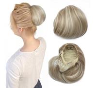 Extensiones de moño con cordón, coletero recto Hepburn para mujer, 15,24 cm, cola de caballo corta sintética con clip, postizo de pelo falso, rubio arena mezclado con rubio decolorado