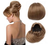 Extensiones de moño con cordón, coletero recto Hepburn para mujer, 15,24 cm, cola de caballo corta sintética con clip, postizo de pelo falso, rubio arena mezclado con rubio decolorado