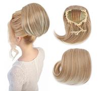 Extensiones de moño con cordón, coletero recto Hepburn para mujer, 15,24 cm, cola de caballo corta sintética con clip, postizo de pelo falso, rubio arena mezclado con rubio decolorado