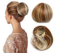 Extensiones de moño con cordón, coletero recto Hepburn para mujer, 15,24 cm, cola de caballo corta sintética con clip, postizo de pelo falso, rubio arena mezclado con rubio decolorado