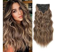 Extensiones de pelo largo ondulado rizado con clip para mujer, 50,8 cm, rubio miel mezclado, color marrón claro, extensiones de pelo sintético grueso, 6 unidades