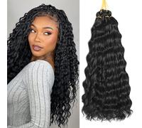 Extensiones de pelo largo y rizado ondulado oceánico de crochet de pelo sintético suave y ondulado para trenzas bohemias para mujeres (1B#, 18 pulgadas-6T)
