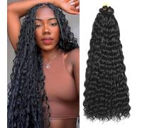 Extensiones de pelo largo y rizado ondulado oceánico de crochet de pelo sintético suave y ondulado profundo para trenzas bohemias para mujeres (1B#, 24"-6T)