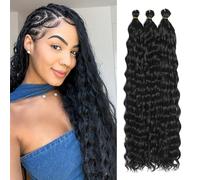Extensiones de pelo largo y rizado ondulado oceánico de crochet de pelo sintético suave y ondulado para trenzas bohemias para mujeres (1B#, 24 Pulgadas-3T)