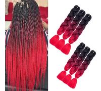 Extensiones de trenzas de cabello sintético para teñir 6 piezas 600g Cabello para trenzar Extensiones de cabello 60cm Ombre Trenzas Afro para Box Crochet (Negro - Rojo vino - Rojo)