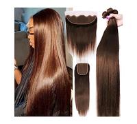 Extensiones para Trenzas Mechones de cabello humano liso marrón chocolate con cierre de encaje 4x4 Frontal 10 "-32" extensiones de cabello ondulado brasileño Remy con cierre Pelo Trenzado Preestirado(