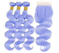 Extensiones Pelo Natural Armadura de cabello humano de onda de cuerpo de color azul púrpura claro 3 paquetes con paquetes de cabello humano de onda de cuerpo frontal con cierre 3/4 Paquetes de armadur