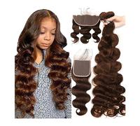 Extensiones Pelo Natural Cabello Brasileño Onda del cuerpo 3 paquetes con cierre Onda del cuerpo Paquetes de tejido de cabello humano brasileño con cierre de encaje HD Marrón # 4 Extensiones de tejido