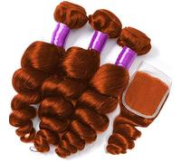 Extensiones Pelo Natural Mechones con cierre Onda del cuerpo Paquetes de armadura de cabello humano brasileño con cierre Frontal de encaje # 350 Cabello Remy de color jengibre Extensiones de pelo(4" x