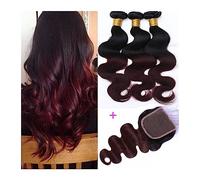 Extensiones Pelo Natural Paquetes de color borgoña con cierre Onda del cuerpo Ombre Paquetes con cierre 1B / 99J Paquetes de color de la armadura del cabello humano de dos tonos Extensiones de pelo(18